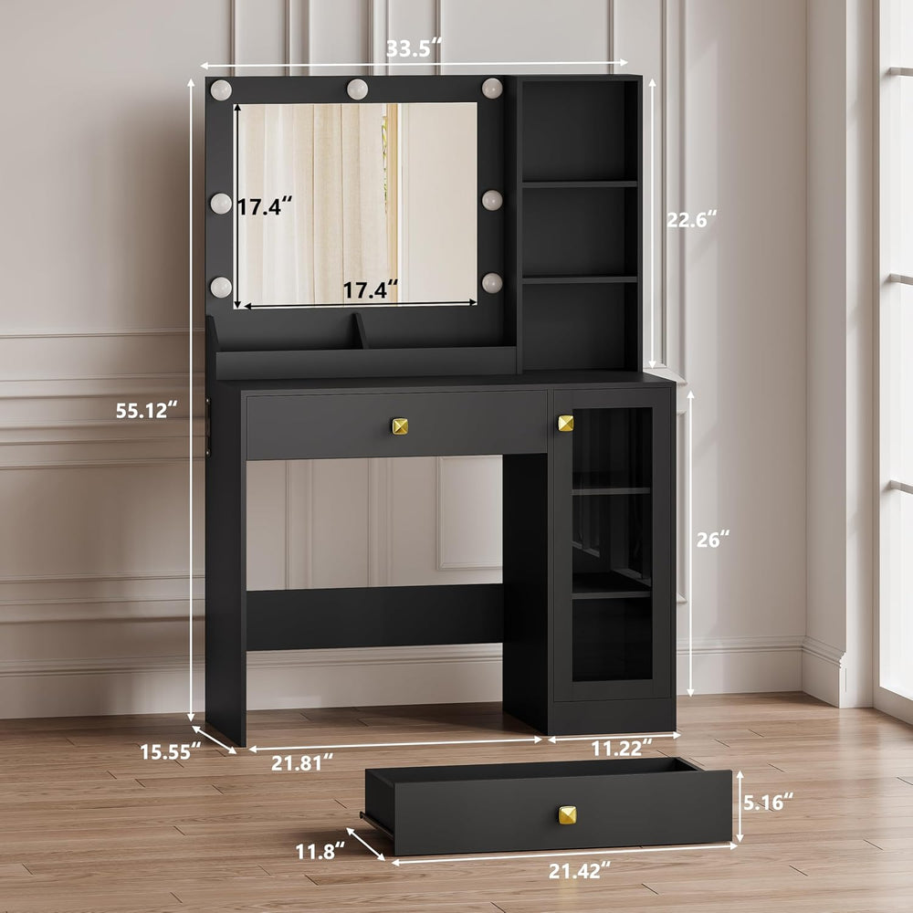 Black Vanity Desk with Mirror and Lights, 34" LED Small Vanity Table wit...