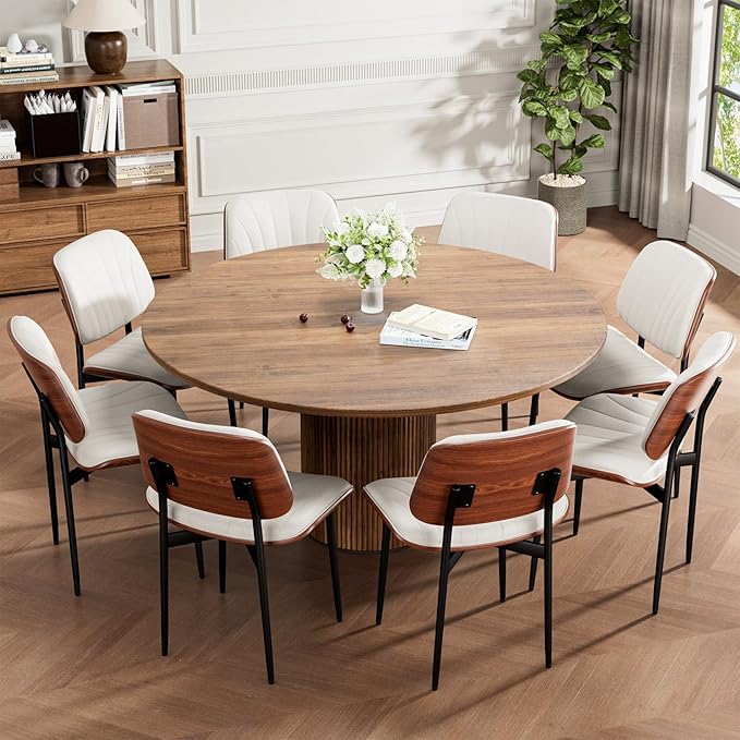 Dining Chairs Set of 4, Mid-Century Modern Upholstered PU Leather Chairs with Walnut Bentwood Back and Metal Legs Adjustable Feet for Kitchen Dining Room, Off-White Shell Strips