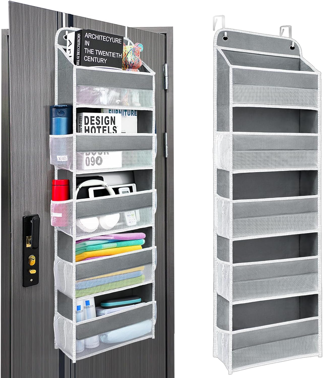 Over The Door Organizer with 8 Side Mesh Pockets, 44lb Weight Capacity Hanging Behind The Door Bathroom Organizers and Storage Suitable for Storing Toys, Shoes, Towels, Grey, 5 Shelf
