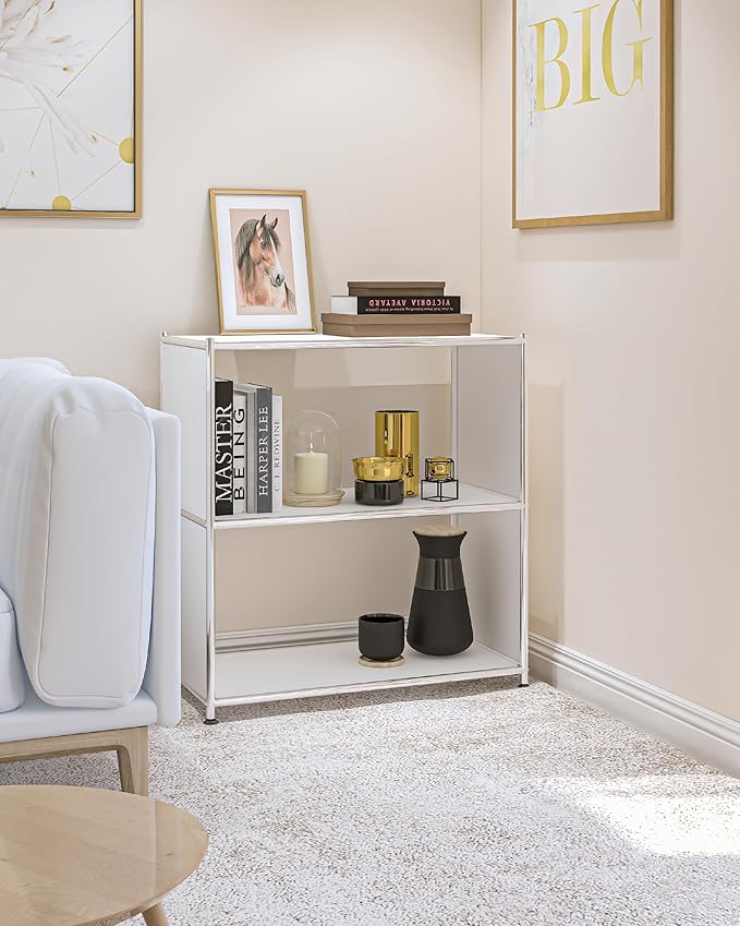 32-Inch 2-Tier Metal Bookcase, Open Shelf Storage Organizer for Living Room, Bedroom, Side Table or Nightstand Use, Modern DIY Assembly, White