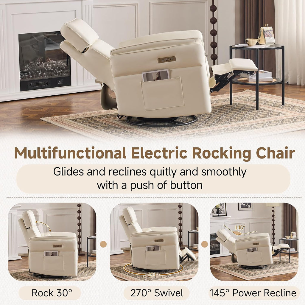 Power Recliner Rocking Chair with Adjustable Arm and Headrest,Beige Leather | Adjustable arms and headrest, storage bags, FSC certified fabric, nursing chair glider for nursery