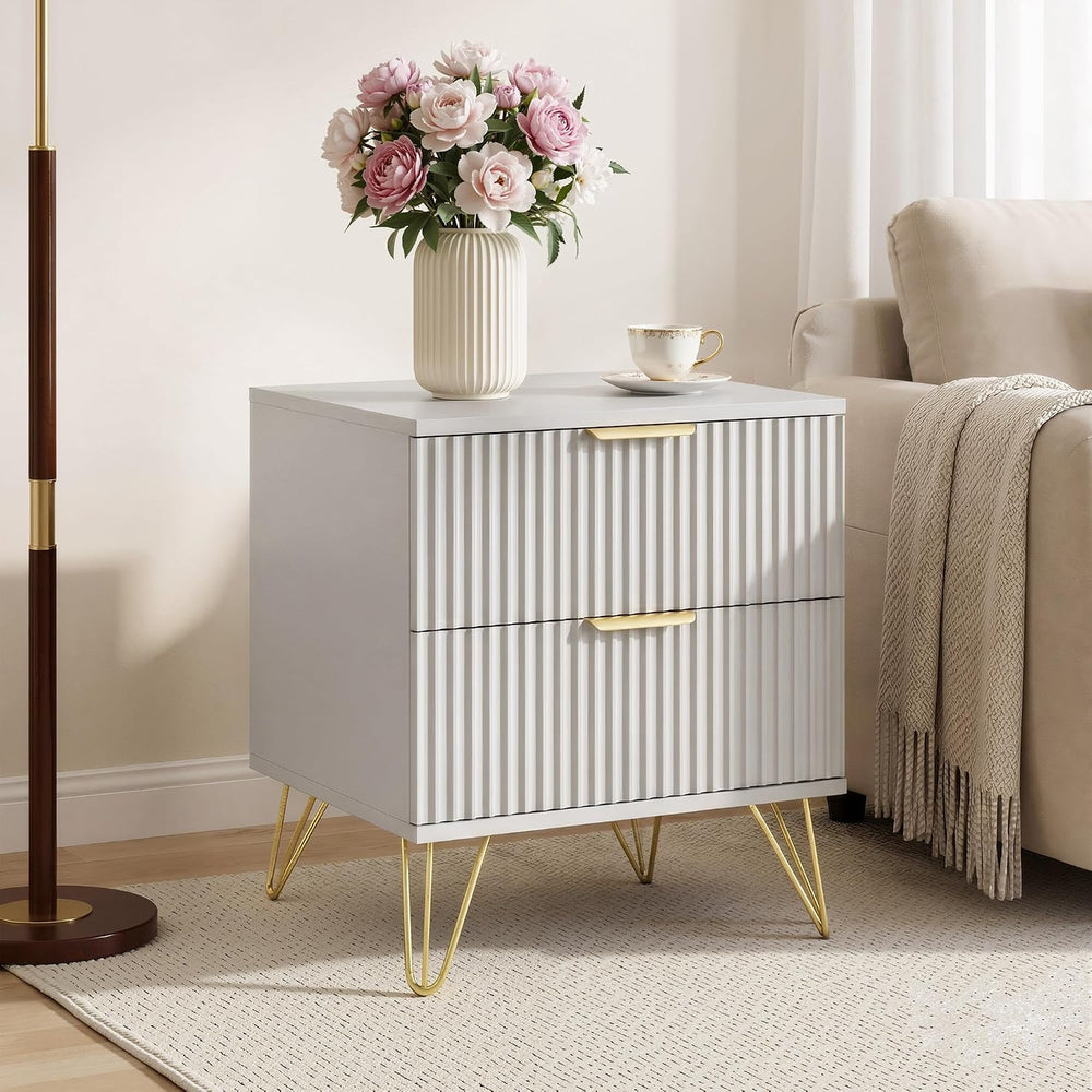 White Fluted Nightstand Set of 2, Modern Bedside Table with 2 Drawers and Gol...