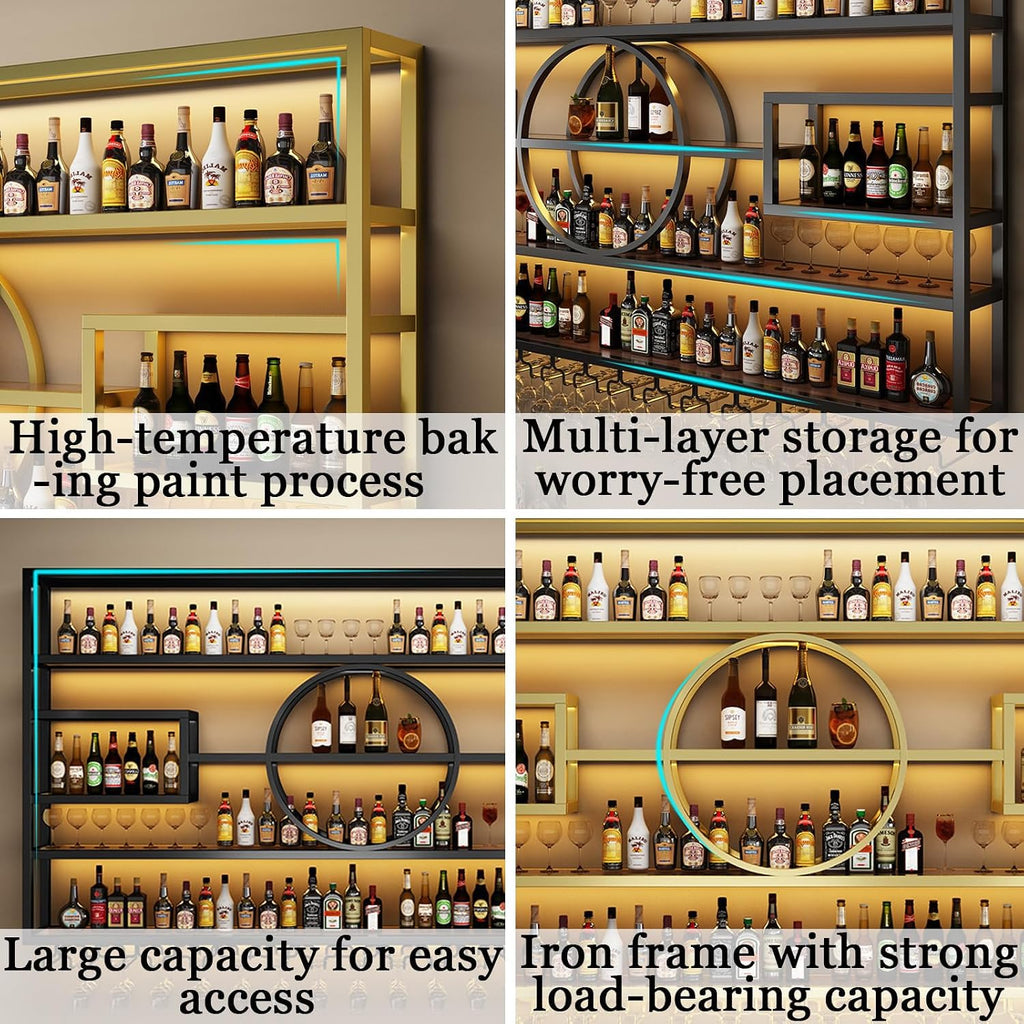 55.1in Large Wall Mounted Wine Rack, Modern Metal Wine Bottle and Glass Holder, 4-Tiers Liquor Bottles Floating Shelves Display Storage for Home Bar & Dining Room Decorative (Black, 55.1 * 8 * 51INCH)