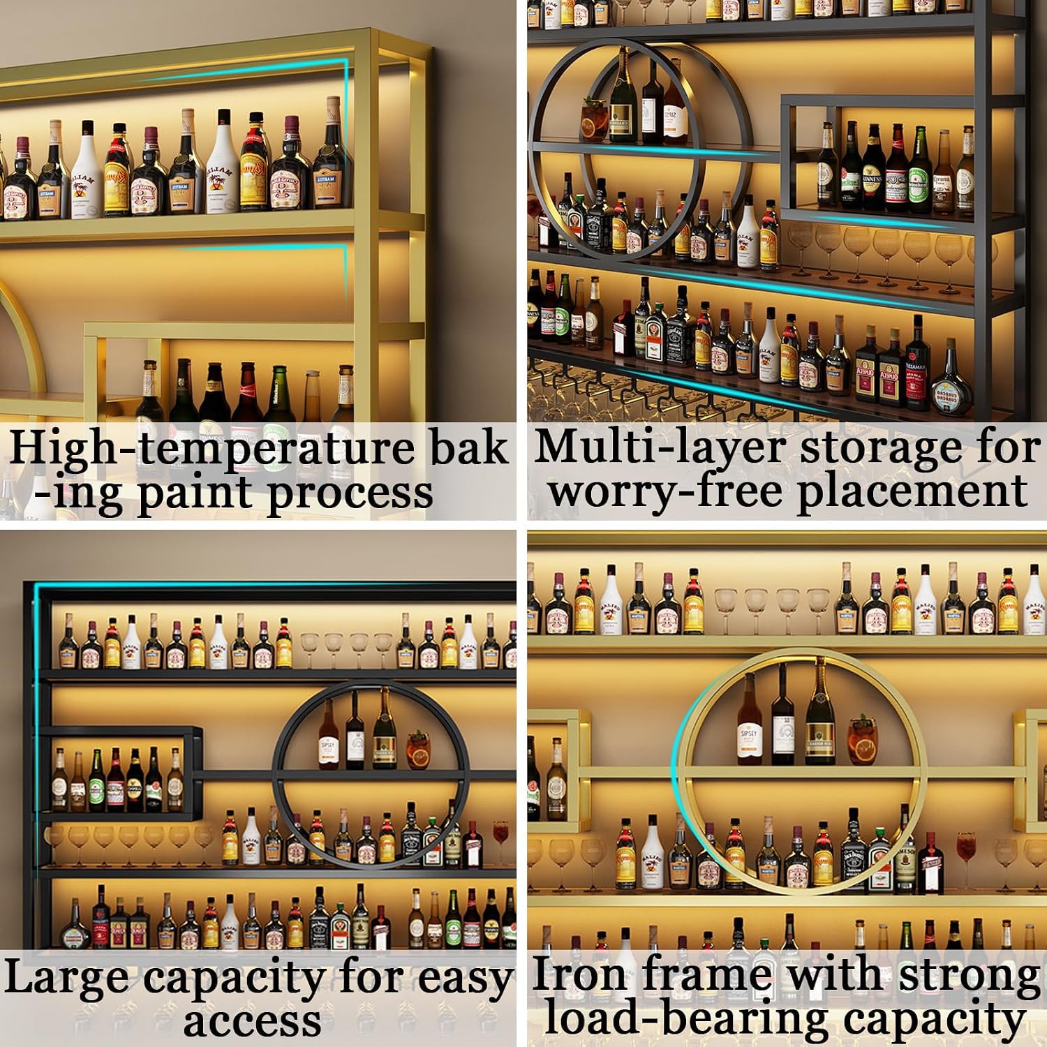 55.1in Large Wall Mounted Wine Rack, Modern Metal Wine Bottle and Glass Holder, 4-Tiers Liquor Bottles Floating Shelves Display Storage for Home Bar & Dining Room Decorative (Black, 55.1 * 8 * 51INCH)