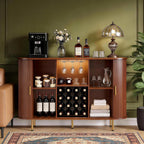 DHH 55" Wine Bar Cabinet with Storage, Fluted Liquor & Coffee Bar Cabinet with Wine Rack and Glass Holder, Buffet Sideboard with LED Lights for Home Kitchen Living Dining Room(Walnut)
