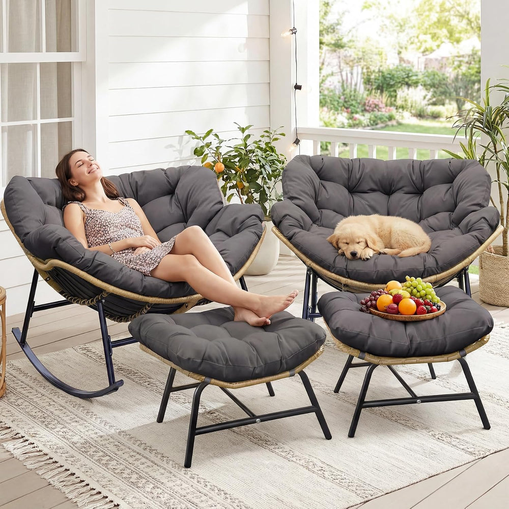 NICESOUL Outdoor Rocking Papasan Chair Set of 2 with Cushions, Comfy Oversize...