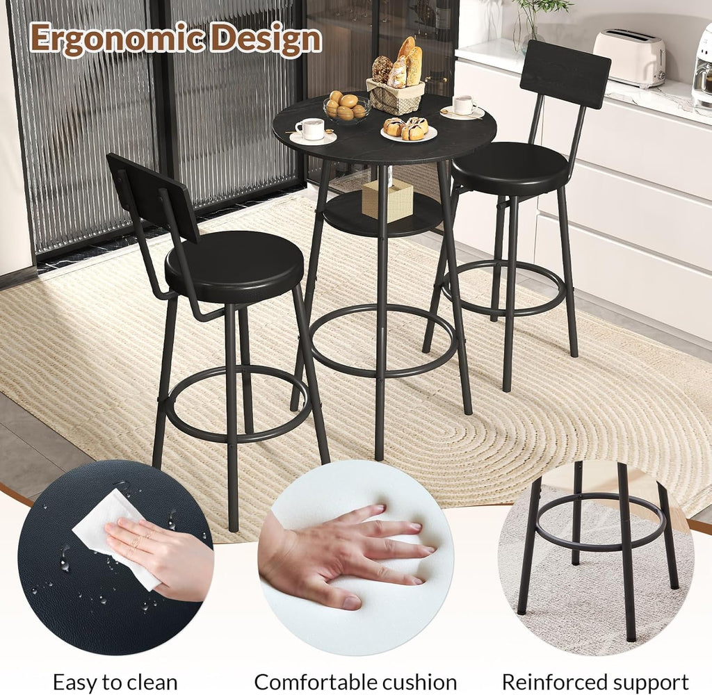 Zevemomo 3 Pieces Bar Table and Chairs Set Pub Table and Chairs for 2-Black | Bistro Table and Chairs Set of 2, Round Bar Table Set with 2 Thickened Cushion Stools & Backrest, Dining Table set for 2