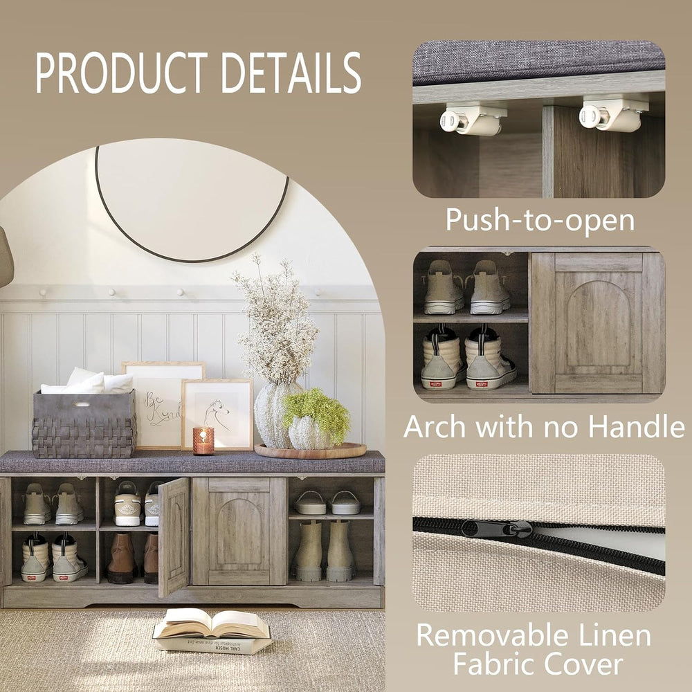 DINZI LVJ Shoe Bench, Entryway Storage Bench with Doors, Cushion, 2-Tier Shoe...