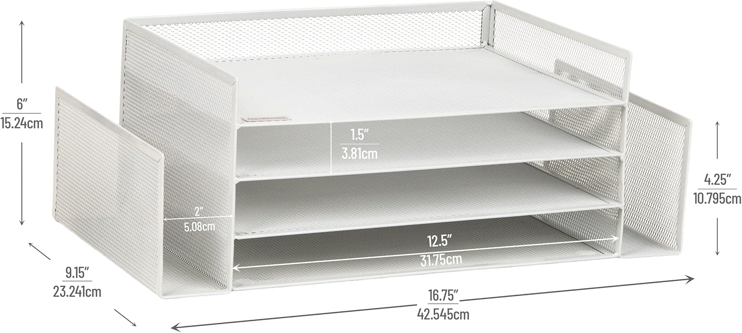 Mind Reader Desktop Organizer, File Storage, Paper Tray, Workspace, Office, Metal Mesh, 16.75" L x 9.15" W x 6" H, White