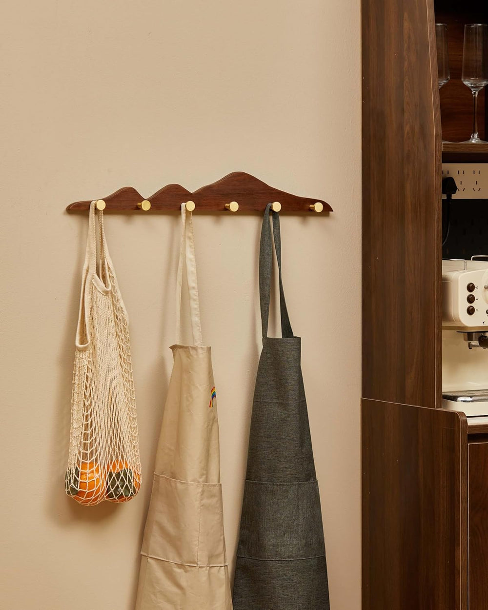 Wood Coat Hooks Wall Mount - Wooden Coat Rack with 6 Gold Brass Hooks for Ent...