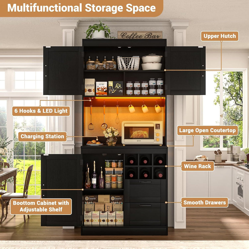 Unikito 72" Tall Kitchen Pantry Cabinet with LED Light & Outlet, Bla...