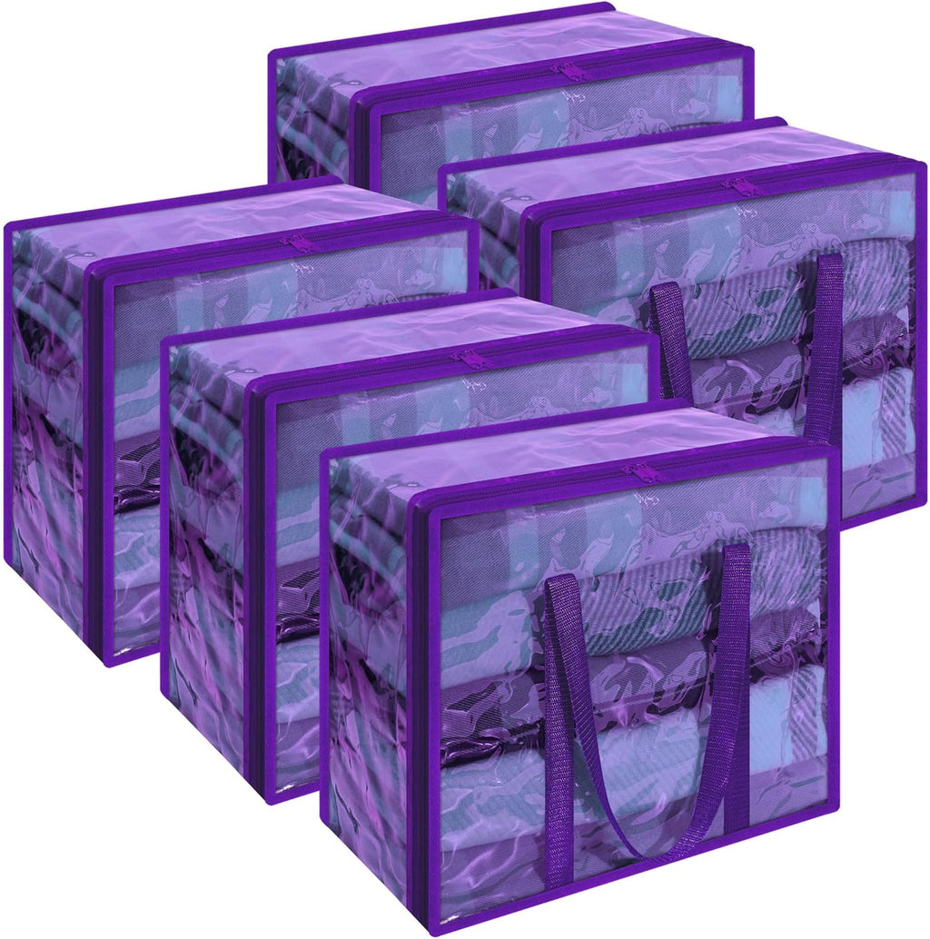 Vieshful Purple 40L Clear Clothes Storage Bag Colorful Clothes Organizer with Zipper Vinyl Storage Bag for Comforter, Blanket, Bedding, Duvet, Transparent Moving Totes 5 Pack