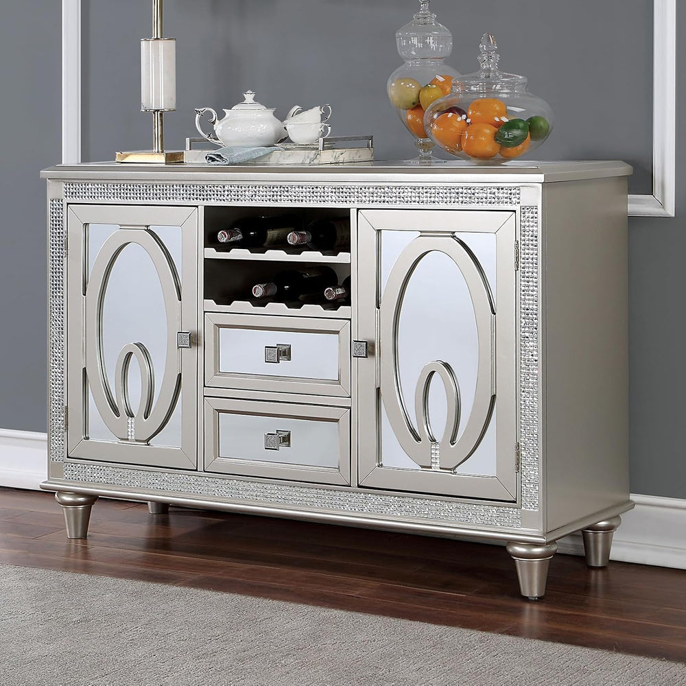 Contemporary Silver Server with Mirror Tile Accents, Mirror, Solid Wood | Mir...