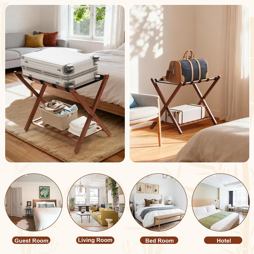 Walnut Luggage Racks Set of 2, Bamboo 26.77" Luggage Rack Stand for Guest Room, 5 Nylon Straps, Foldable Suitcase Stand with Storage Shelf for Bedroom Hotel, Holds up to 165 Lbs