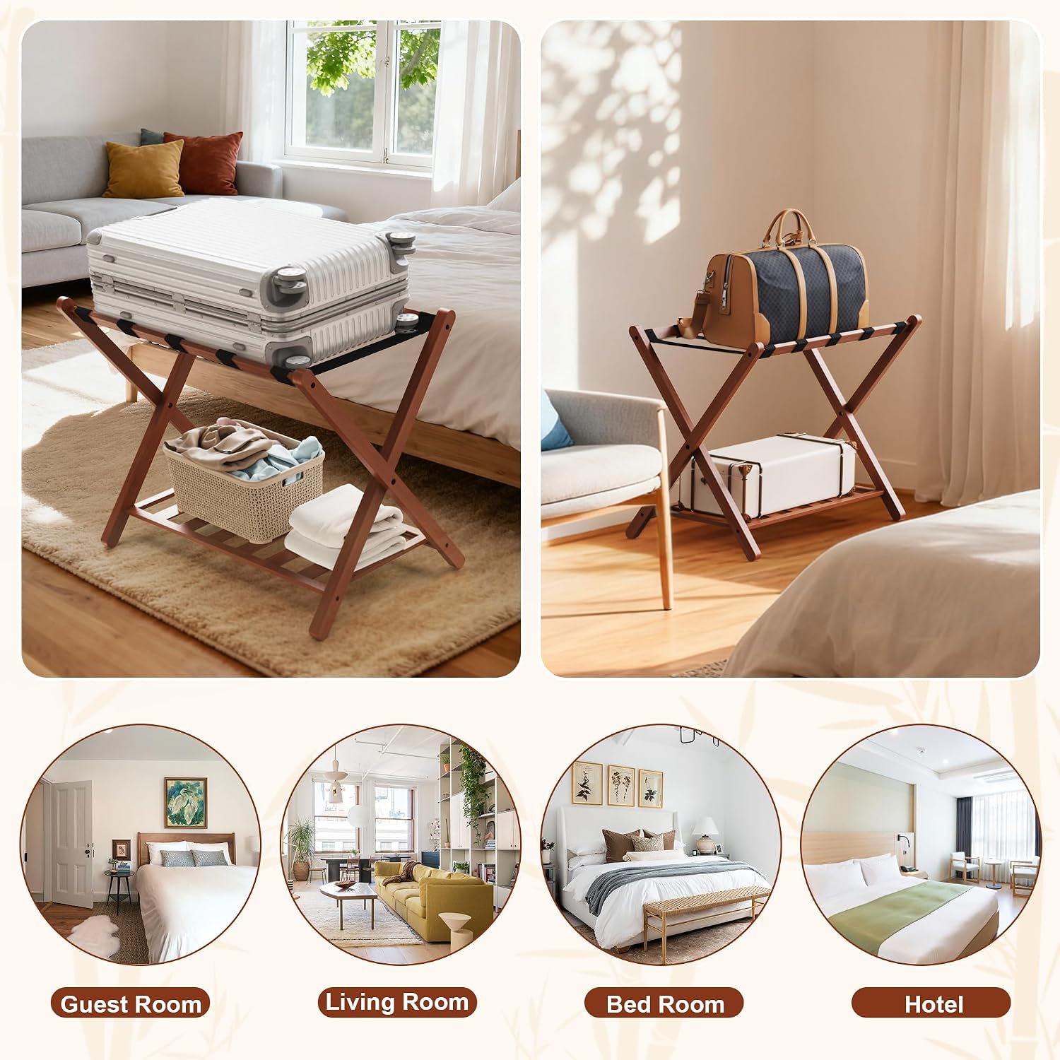 Walnut Luggage Racks Set of 2, Bamboo 26.77" Luggage Rack Stand for Guest Room, 5 Nylon Straps, Foldable Suitcase Stand with Storage Shelf for Bedroom Hotel, Holds up to 165 Lbs