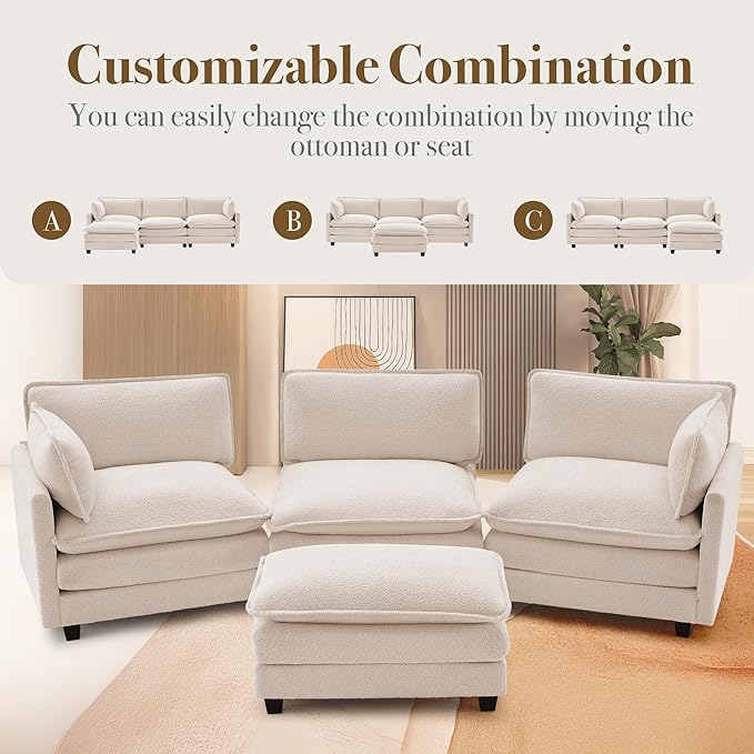 ROWHY 112'' Modular Sectional Cloud Couch with Movable Ottoman, 4 Seat Modern Chenille Sofa with 2 Throw Pillows, Deep Seat L Shaped Couch for Living Room Bedroom Apartment, Beige | Arrange Freedom, Pet-Friendly Fabric, Sturdy Frame, Ultimate Comfort, ...