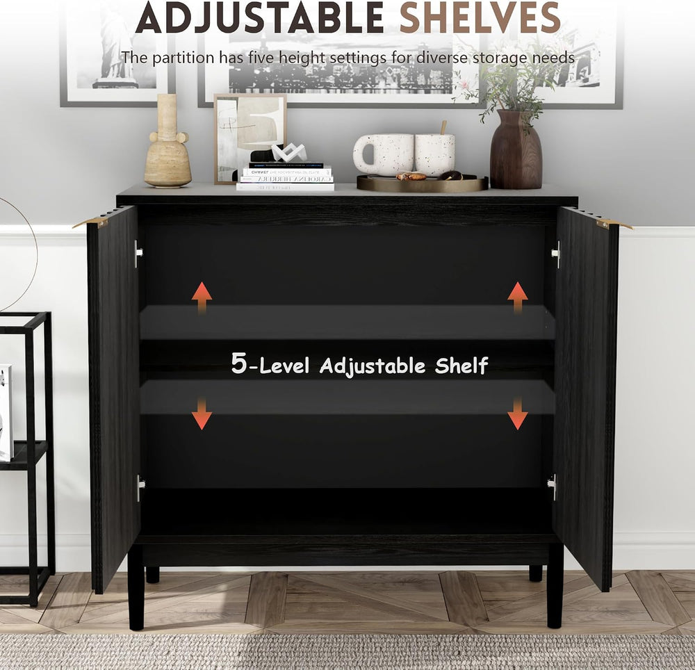 Fluted Buffet Cabinet with Storage, Small Accent Cabinets, Black