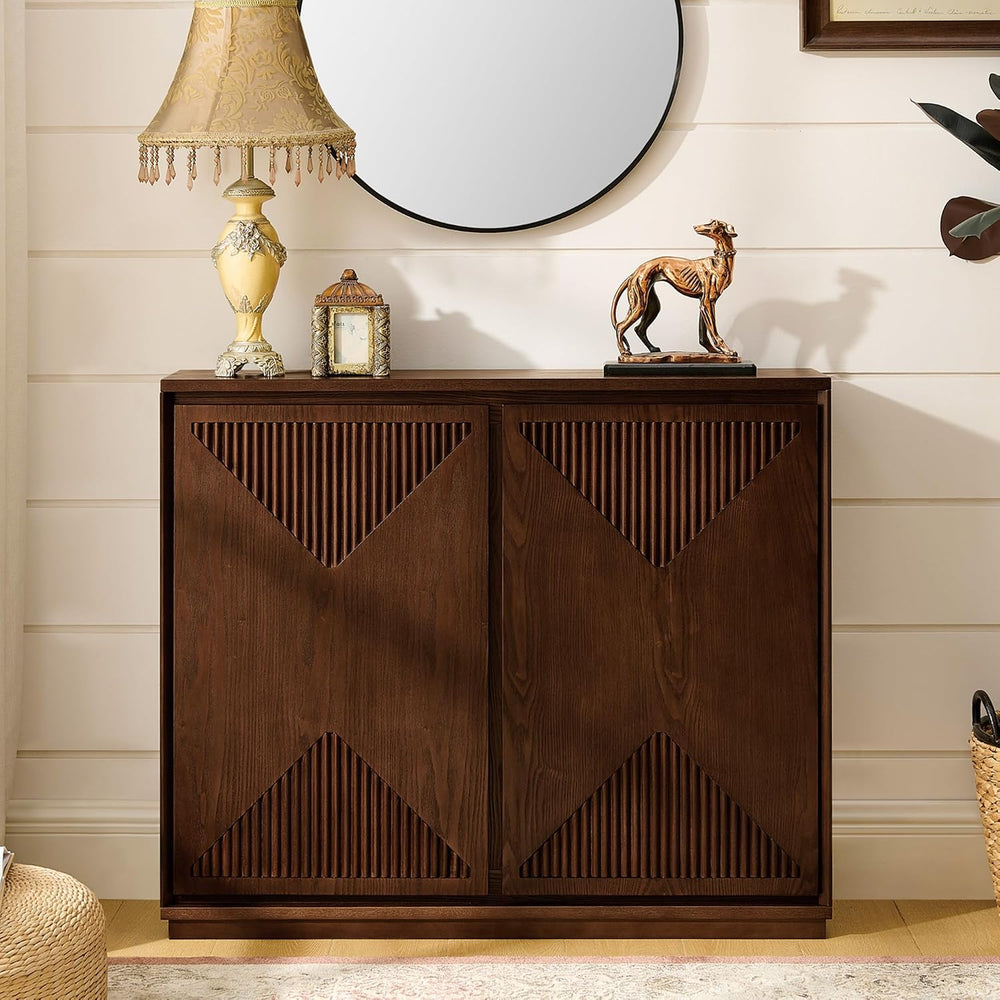 LKTART Narrow Sideboard Buffet Storage Cabinet with Solid Wood Doors,Mid Cent...