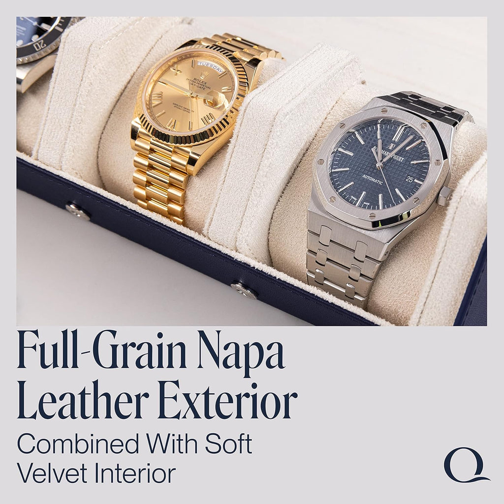 QWATCHBANDS Napa Leather Watch Rolls for Men - Hexagon Triple Watch Roll Travel Case for 3 Watches - Storage Organizer Genuine Leather with Velvet Interior Display (Blue/Cream)