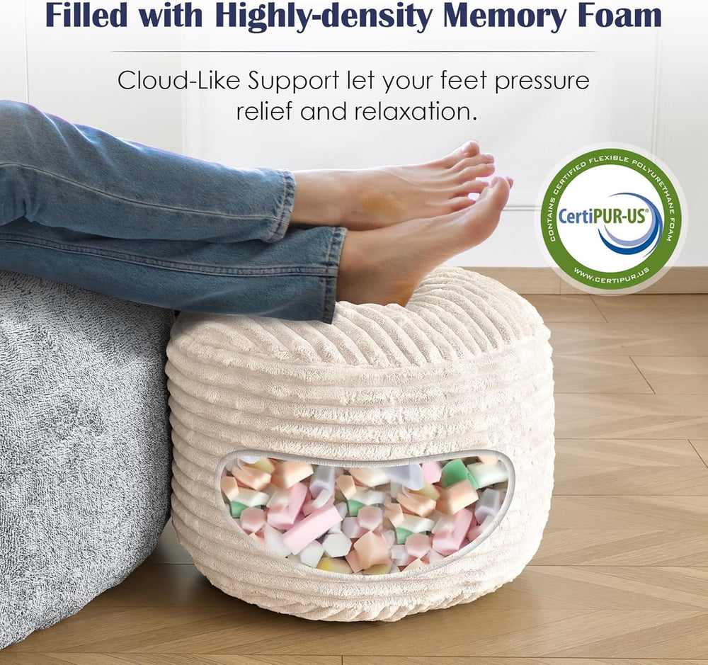 Stuffed Round Ottoman,Corduroy Pouf Ottoman Foot Rest,20 X 15 in,Beige | Memo...