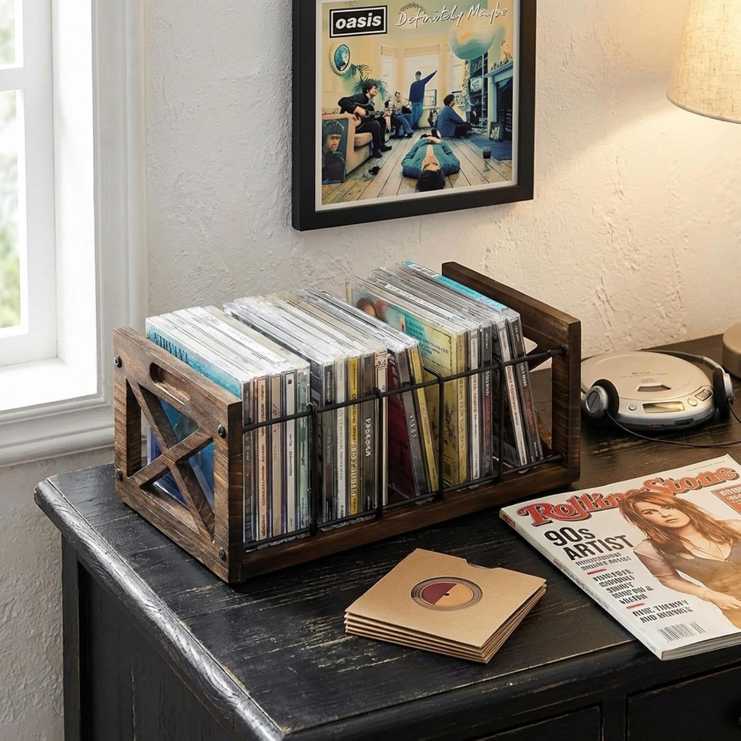 FARM IN CD Storage Holder, 5-Slot Farmhouse Industrial CD & DVD Storage Rack with Handles, Barn Door “X-Cross” Design, Rustic Solid Burnt Wood and Black Metal Wire