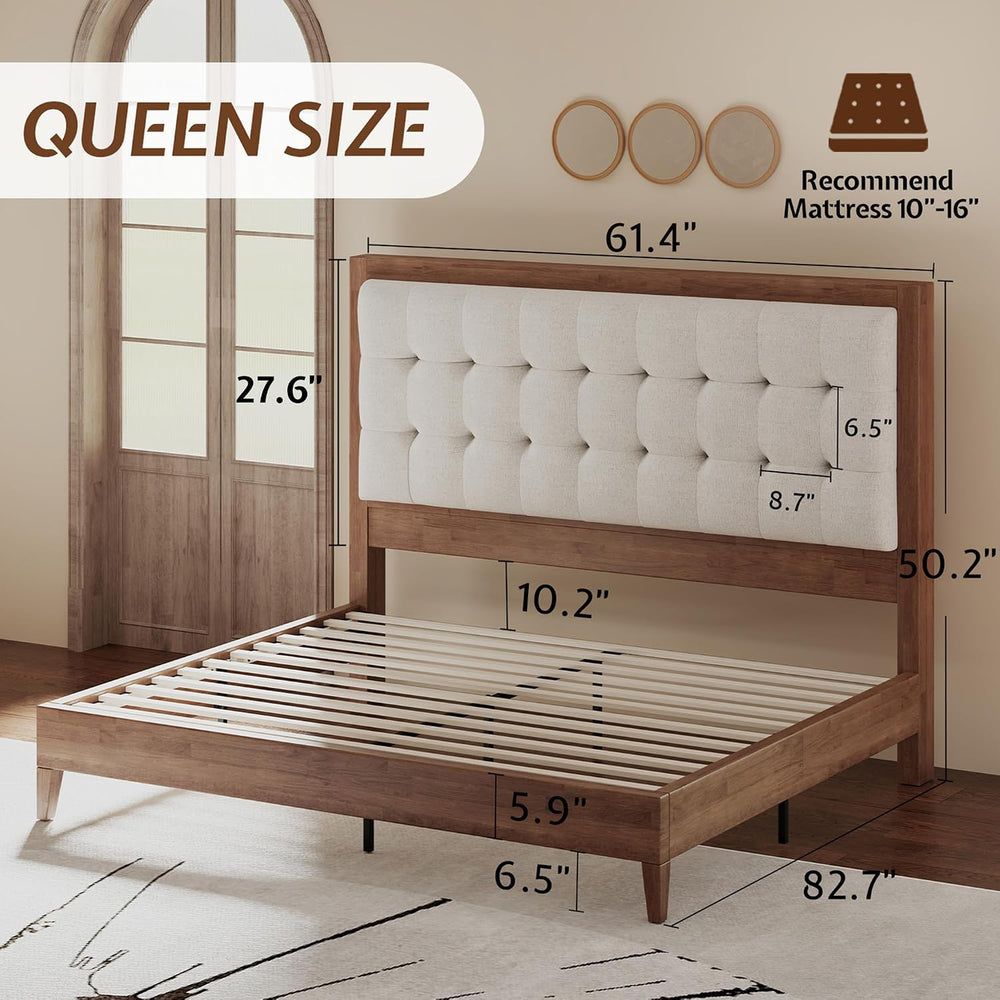 Jocisland Queen Bed Frame Solid Wood,50" Tall Upholstered Headboard,Walnut