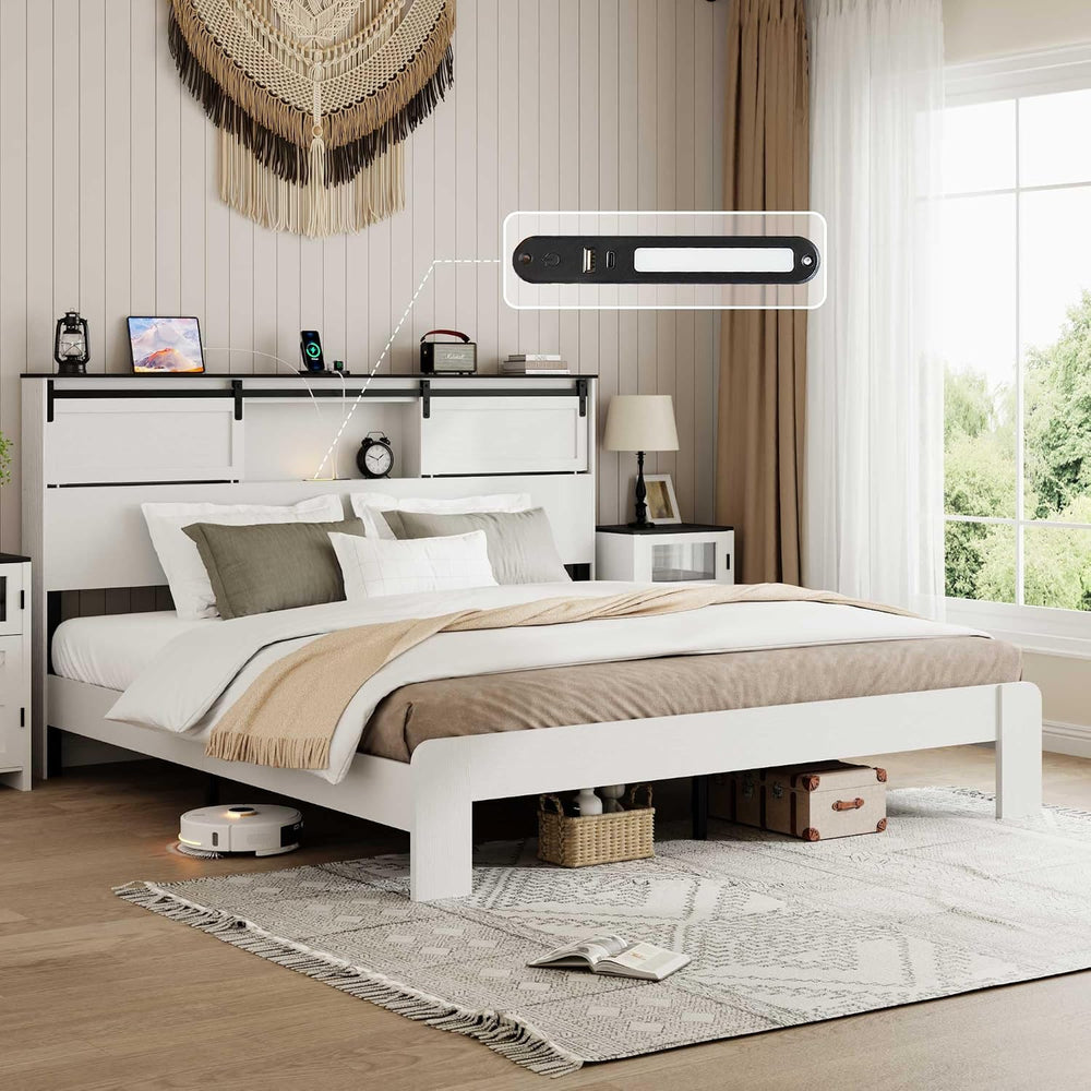 Peanu King Bed Frame, Charging Station, White Metal Storage Headboard