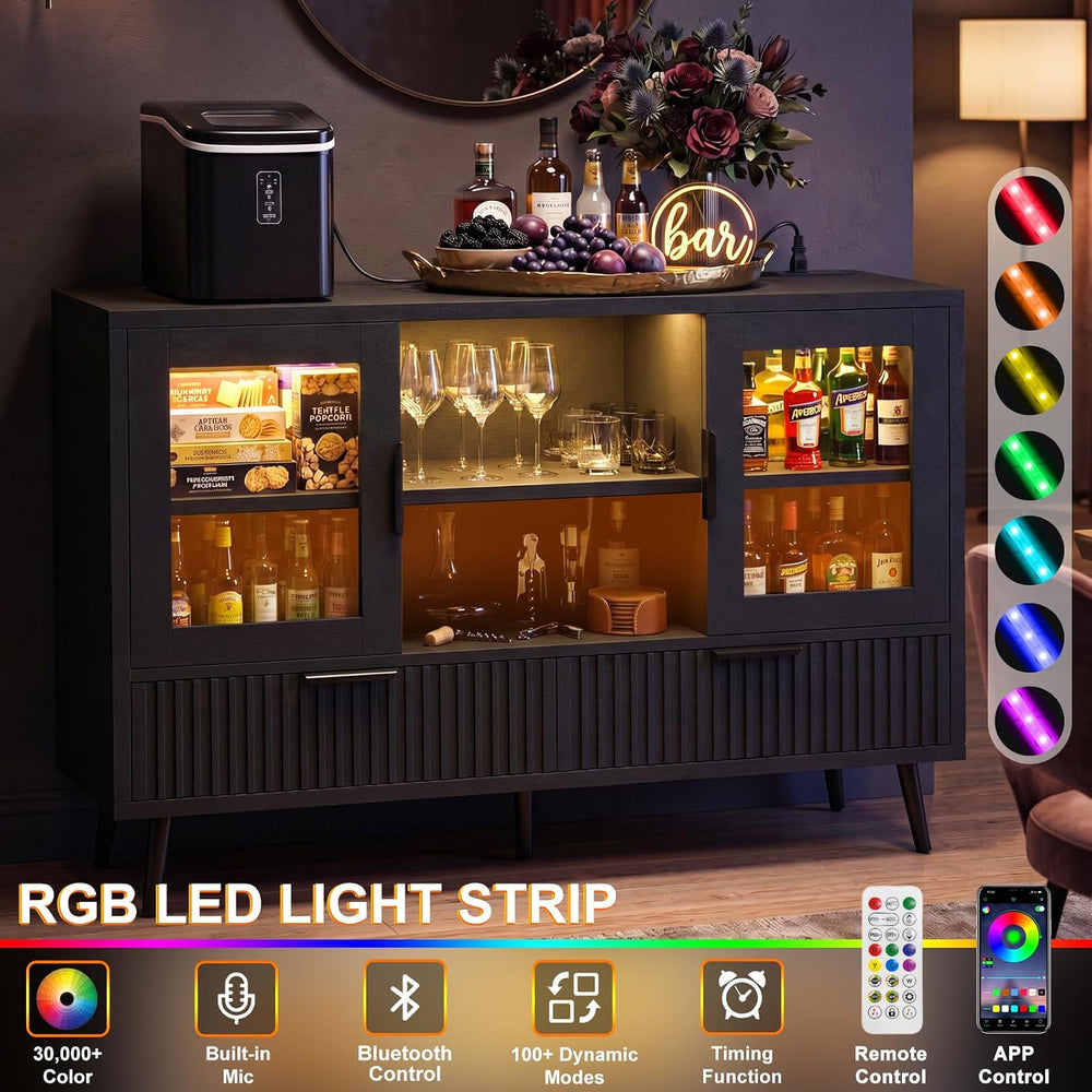 44" Sideboard Buffet Cabinet with Storage, Smart LED Lights Coffee Bar C...