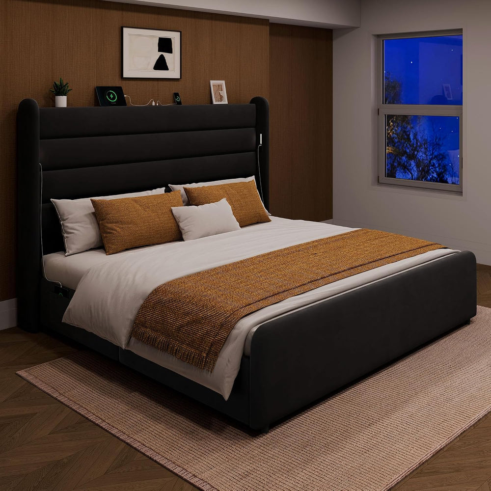 King Size Bed Frame with 59'' Tall Headboard with Readlight, Black