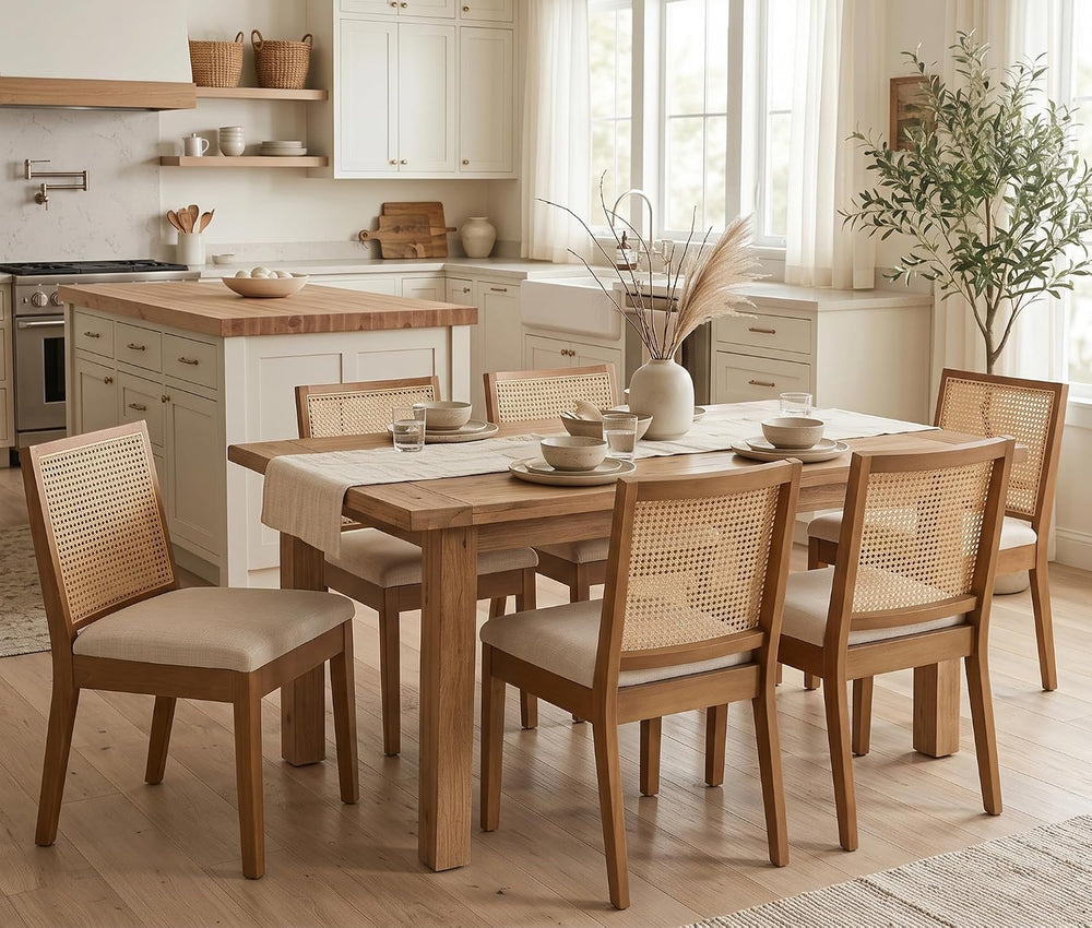 HNY Farmhouse Rattan Dining Chairs Set of 6, Walnut Solid Hardwood Frame, Uph...