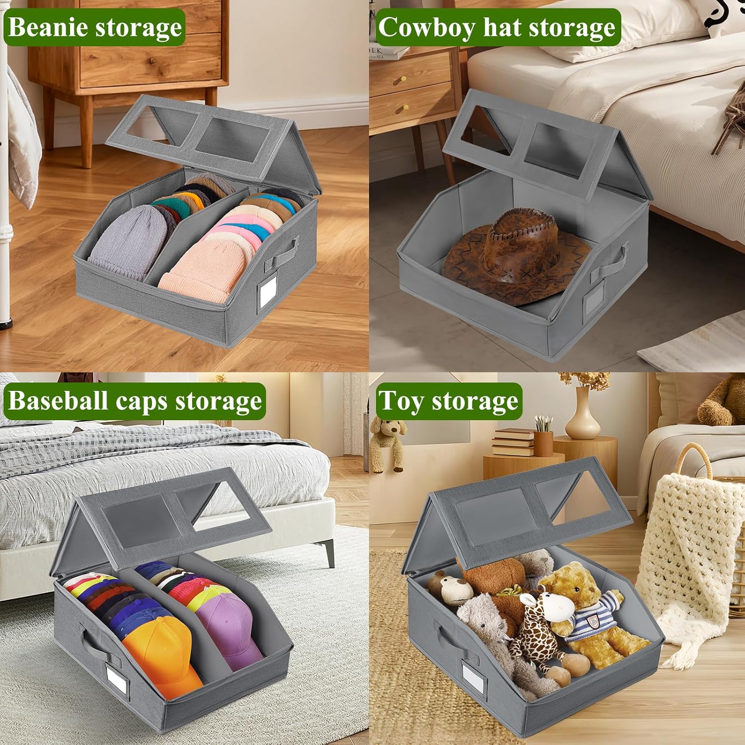 2 Pack Hat Storage for Baseball Caps-Holds Up to 48 Caps, Hat Organizer for Closet Stackable Hat Box with Cardboard, Dustproof Baseball Cap Organizer with 2 Handles for Home Travel (Grey, 2Pack)