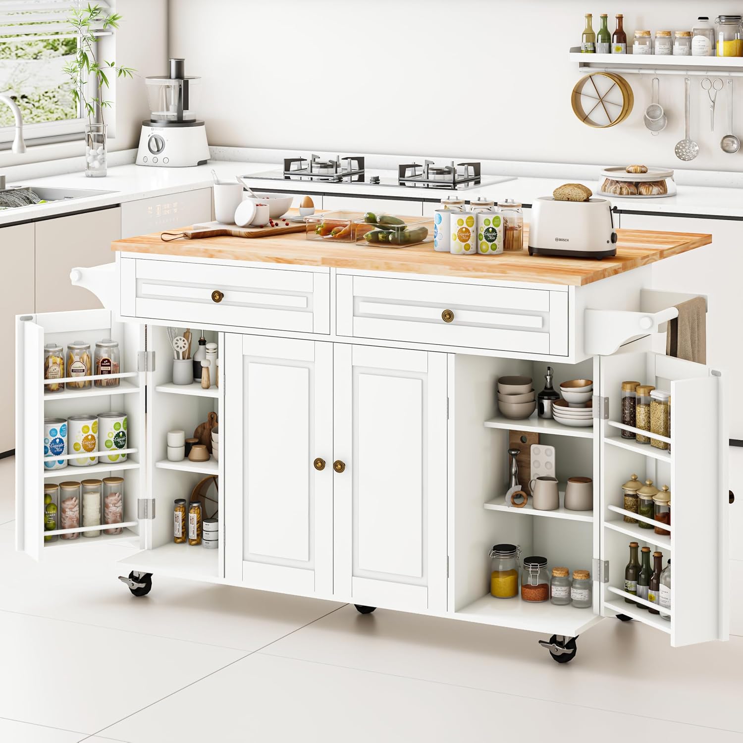 JassmiPkwy 59’’ Rolling Kitchen Island Cart with Drop Leaf and Power Outlet, Movable Kitchen Islands with 3-Tier Door Storage Shelf, Island Table on Wheels, 2 Large Drawers, Towel Racks, White