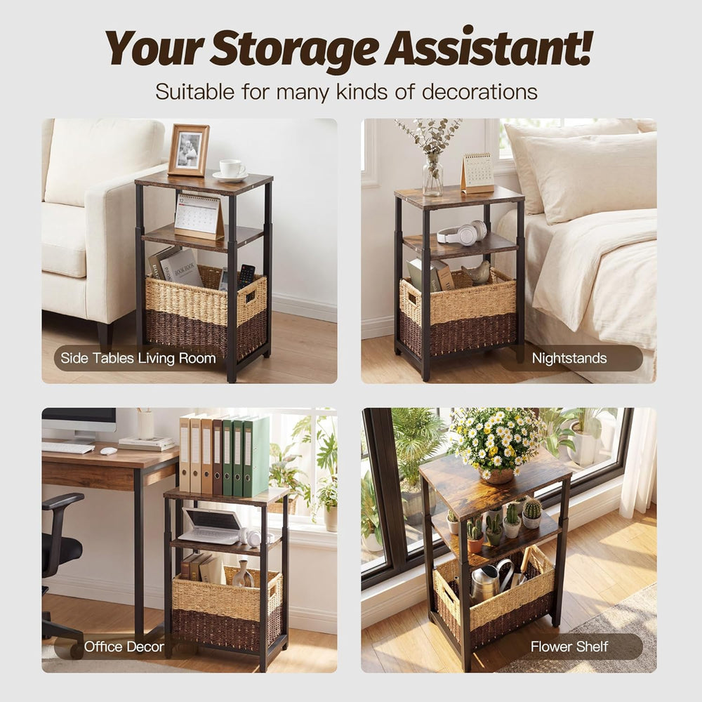 Side Table with Storage Basket, Small End Table with Modern Design and Adjust...
