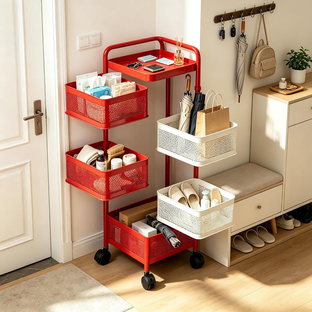 No Assembly Kitchen Storage cart with Wheels, Rotary Fruit and Vegetable Stor...