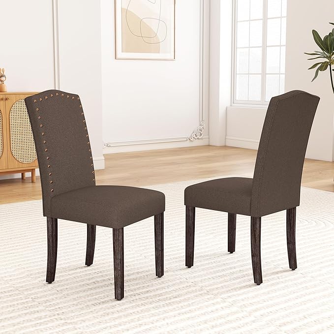 LSSBOUGHT Fabric Dining Chair Upholstered Parsons Kitchen Chair with Copper Nails and Solid Wood Legs for Dining Room,Restaurant (Taupe, 4PCS)