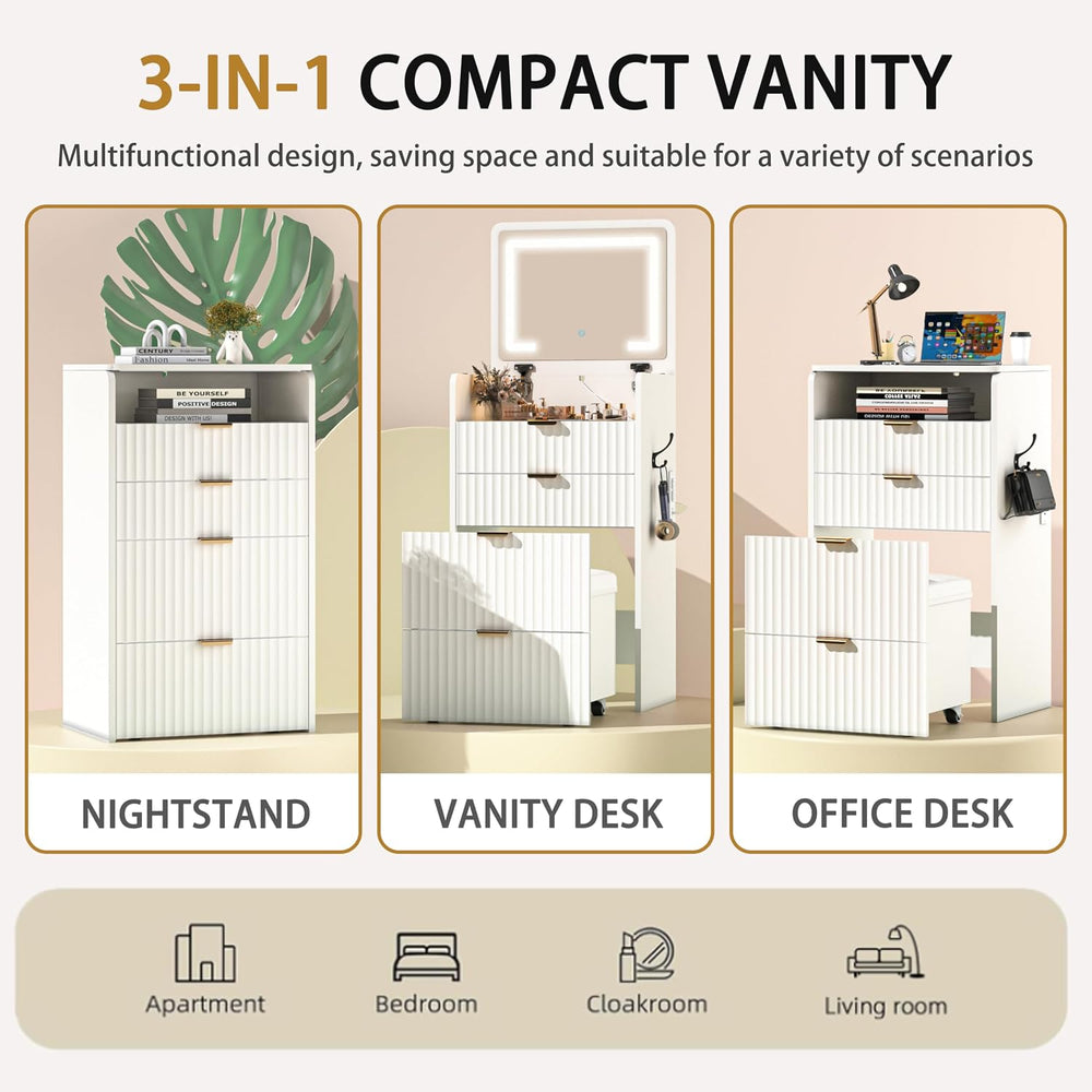 3 in 1 Vanity Desk with Flip Top Mirror and Lights, Small Makeup Vanity with ...