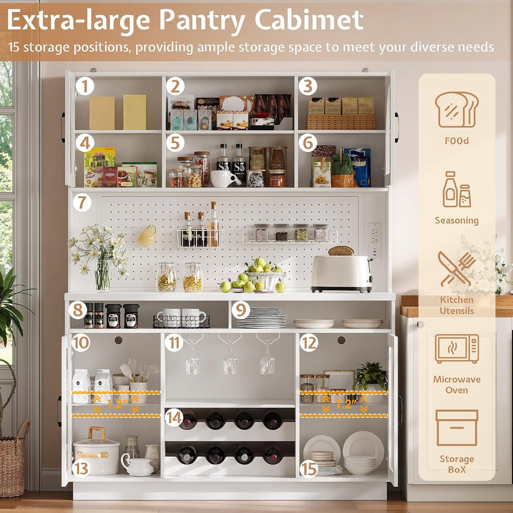 71" Kitchen Pantry Storage Cabinet with LED Light & Outlet, White | ...