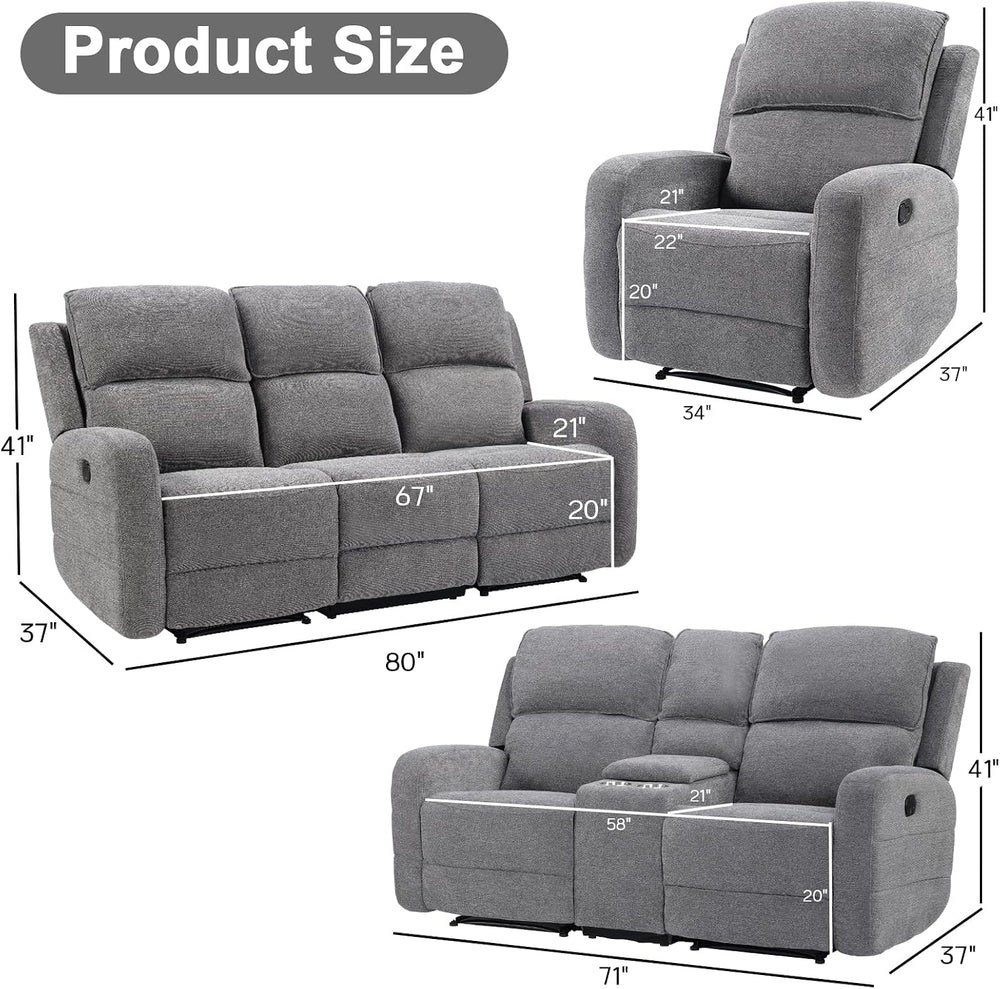 EBELLO Manual Living Room Furniture Reclining Couch Set, Fabric Recliner Chai...
