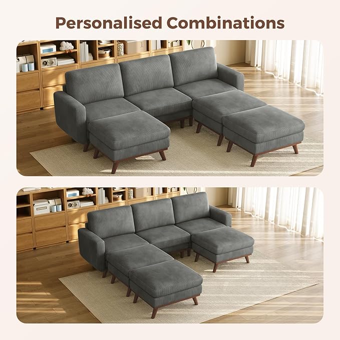 Vesgantti 97" Modular Sectional Sofa Drak Gray, Sectional Couch with Movable Ottoman, Comfy Corduroy Couch with Spring Cushion, Modular Sofa with Deep Seat for Living Room, Bedroom and Apartment