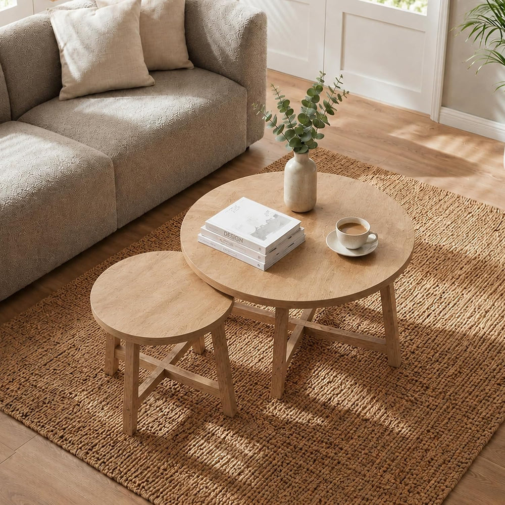 Set of 2 Round Nesting Coffee Tables, Natural Wood Finish Modern Side Tables,...