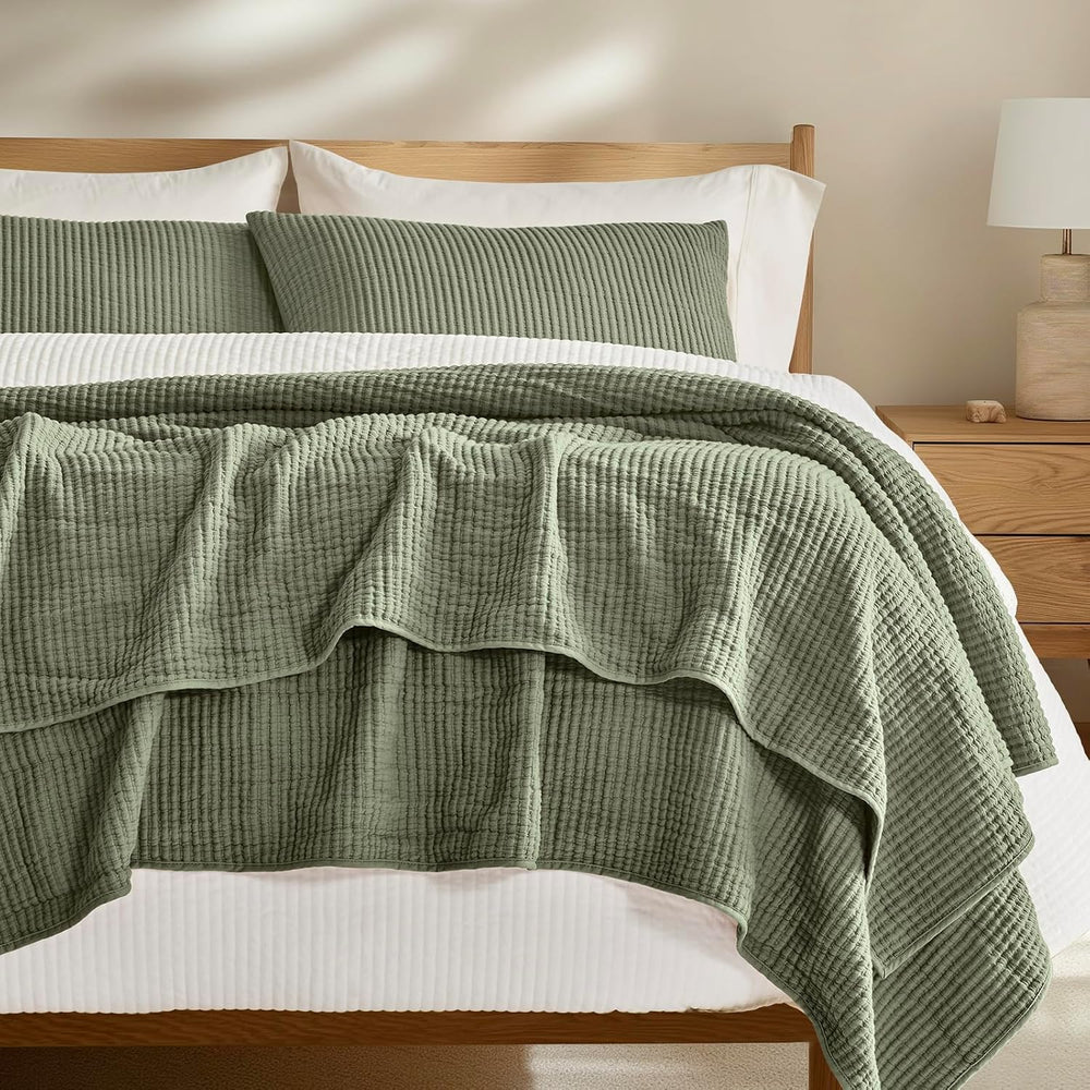 EverGrace Cotton Ribbed Matelassé Coverlet Set, King Size, Olive Green