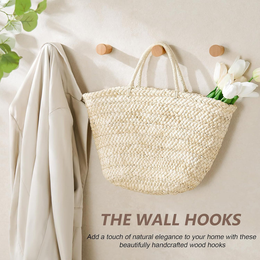 Wooden Wall Hooks 6 Pack, Modern Decorative Coat Hook Wall-Mount, Handmade Rustic Hat Hooks, Entryway Wall Hangers for Hanging Coats Hats Backpack, Bathroom Wood Towel Rack (Natural)