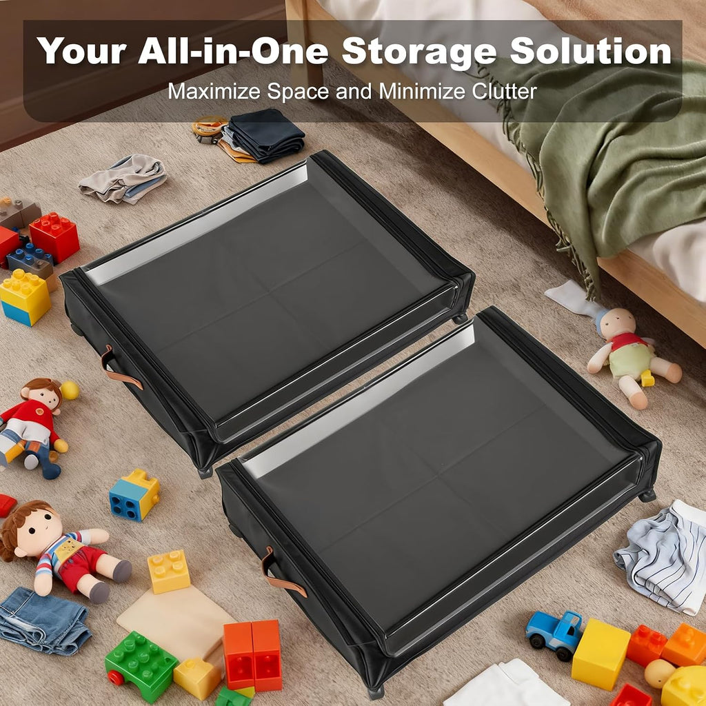 80L Large Under Bed Storage with Wheels, 2-Pack XXL Underbed Shoe Storage | Fit Most Bed, Removable & Locakable Wheels, Sturdy Metal Frame, Clear Lid, Easy Install, for Off-Season Clothes/Blankets