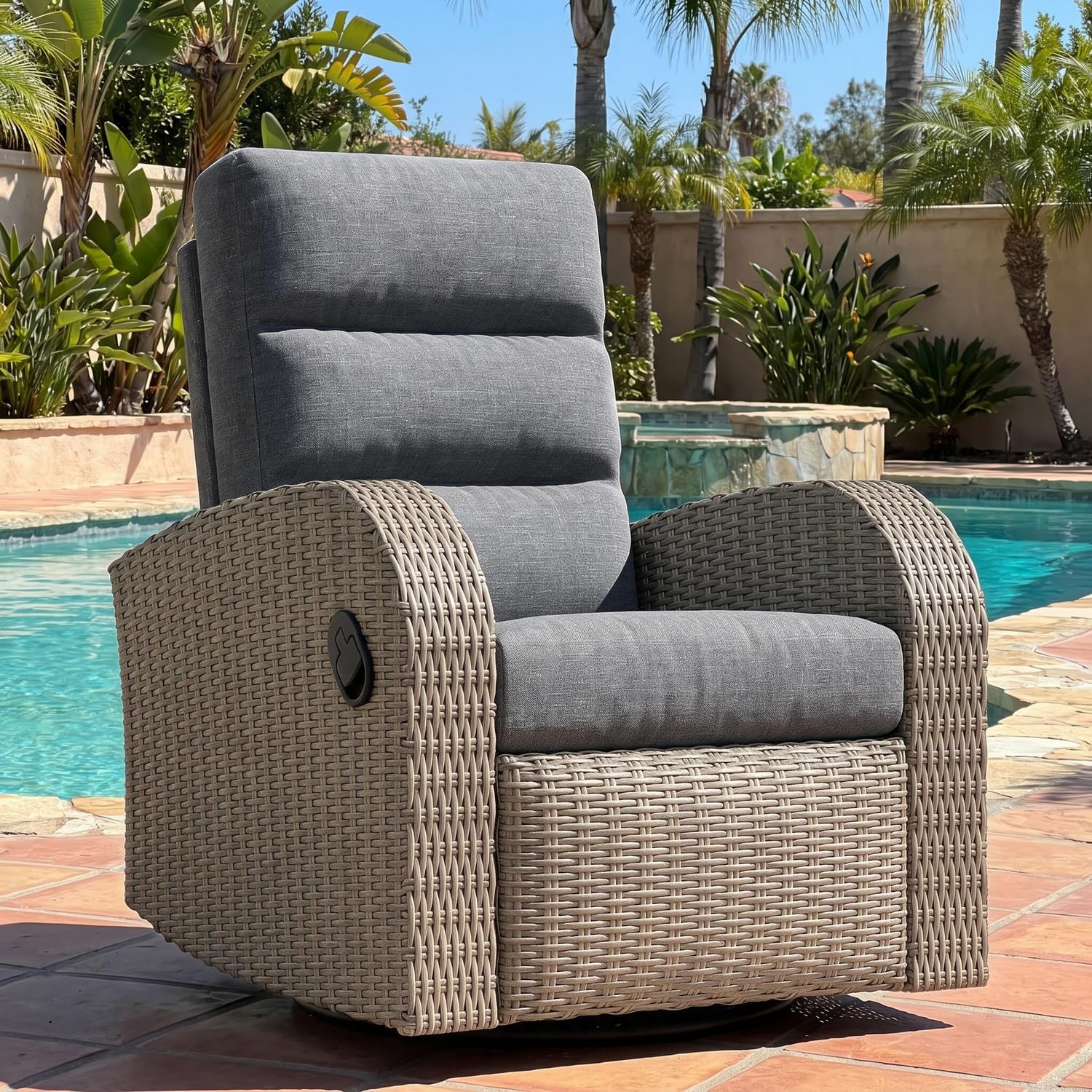 Oversized Wicker Outdoor Swivel Glider Recliner with Adjustable Backrest & Footrest, Patio Reclining Lounge Chair