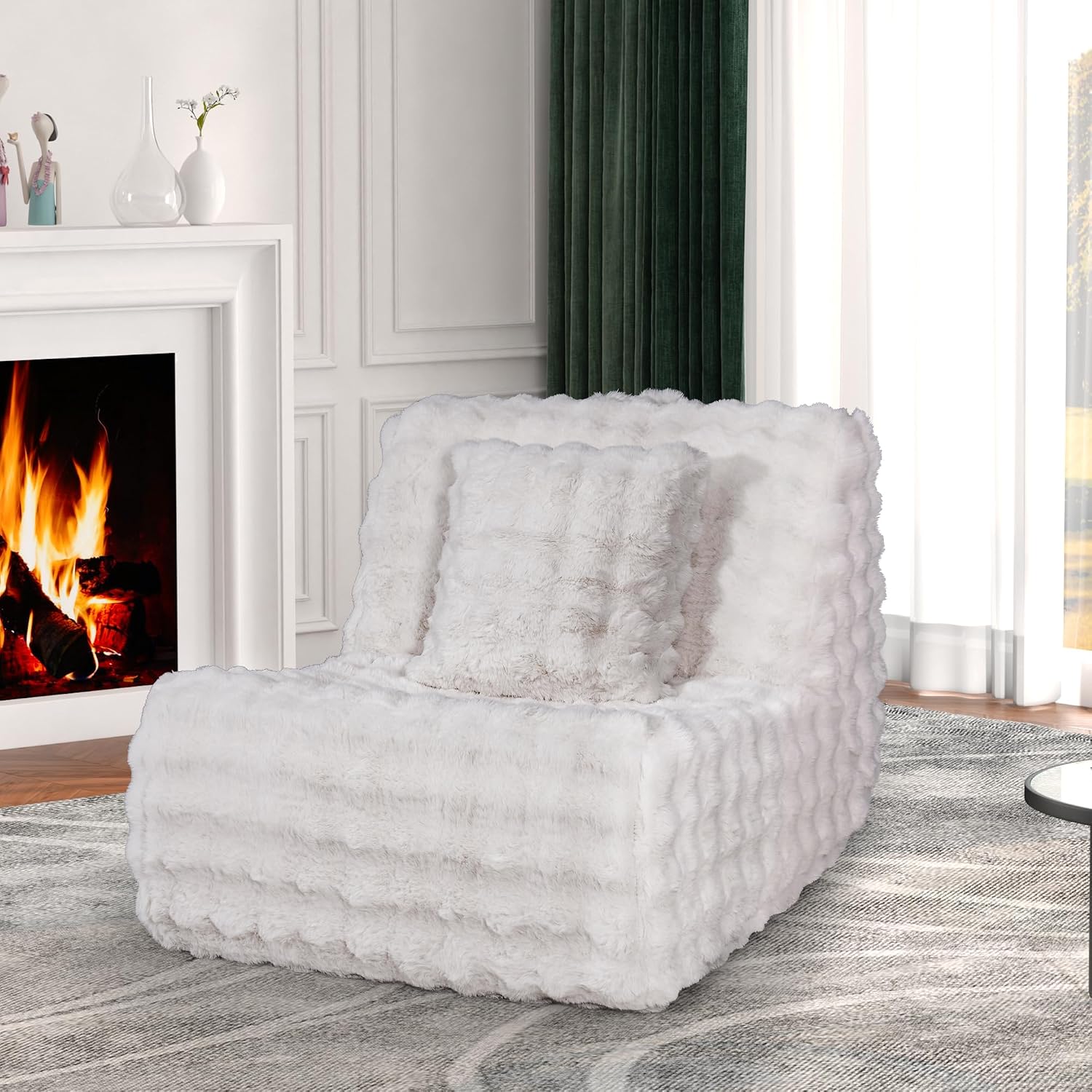 Bean Bag Chair for Adults, Giant Bean Bag Chair with Pillow, Oversized Chaise Lounge Chair Indoor with Soft Faux Fur for Living Room Bedroom or Reading Nook