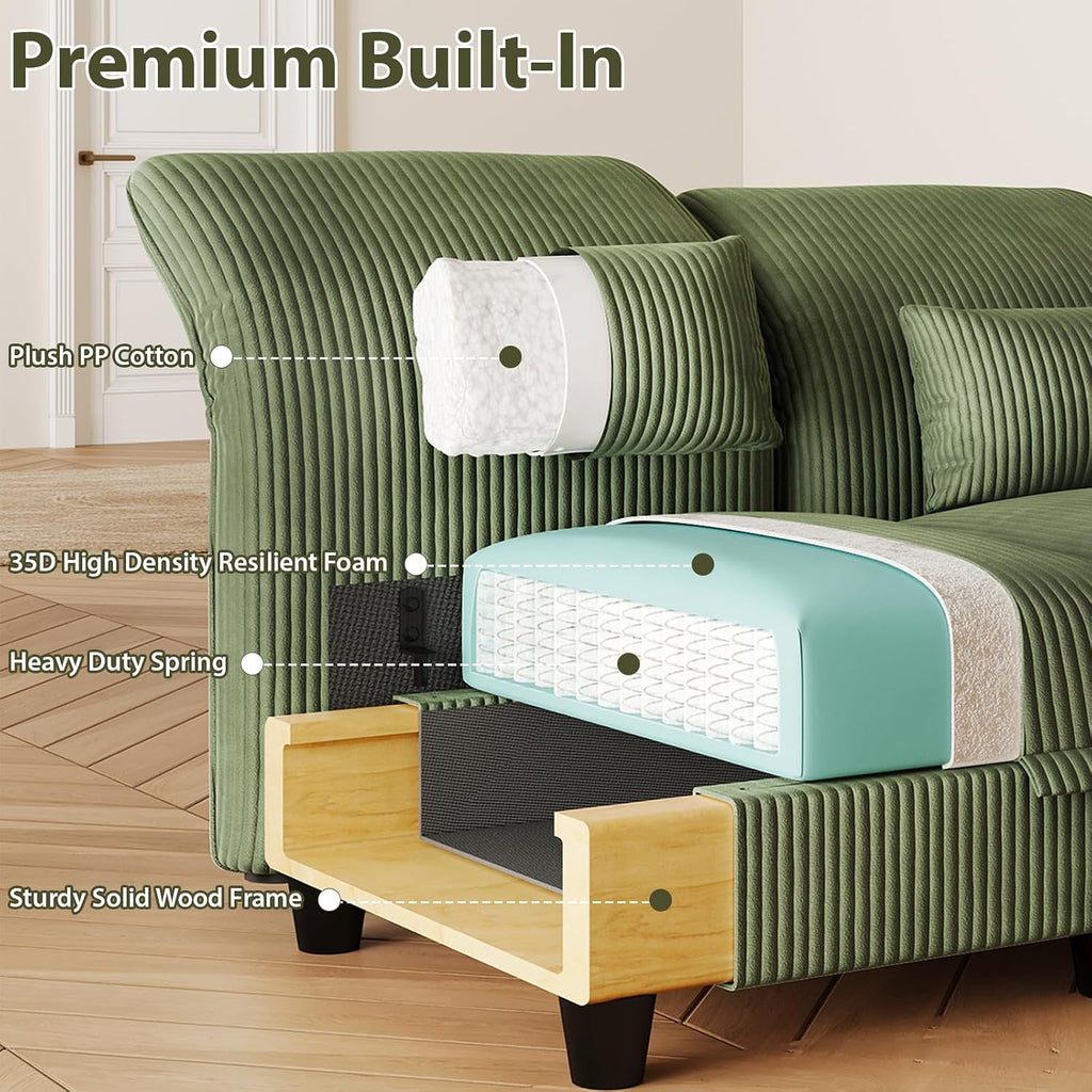 LLappuil U Shaped Sectional Sofa with Storage, 6 Seat Green Corduroy | Adjustable Backrests & Arms, Extra Deep Seat Cushions, OEKO-TEX Certified Fabric, Solid Wood Frame + 35D Foam