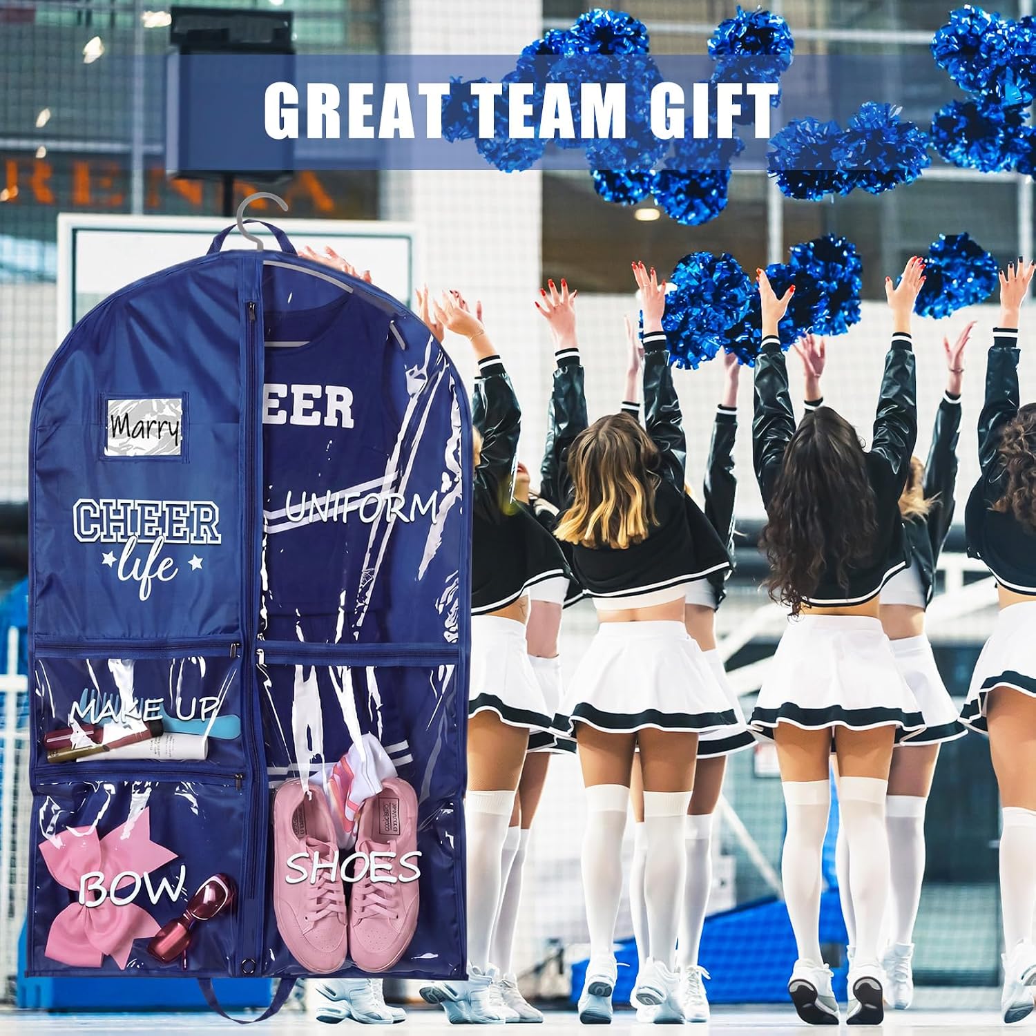 Cheer Garment Bags for Cheerleading Uniform For Cheer Mom Waterproof Hanging Garment Bag for Dance Costumes 40 Inch Clothes Bag with 5 Pocket Travel Side Zip Storage Uniform(Nave Blue,White)