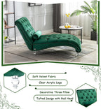 Velvet Chaise Lounge Chair with Toss Pillow, Modern Tufted Button Lounge Chair with Acrylic Legs, Upholstered Indoor Sleeper Chair for Living Room, Bedroom, Emerald Green