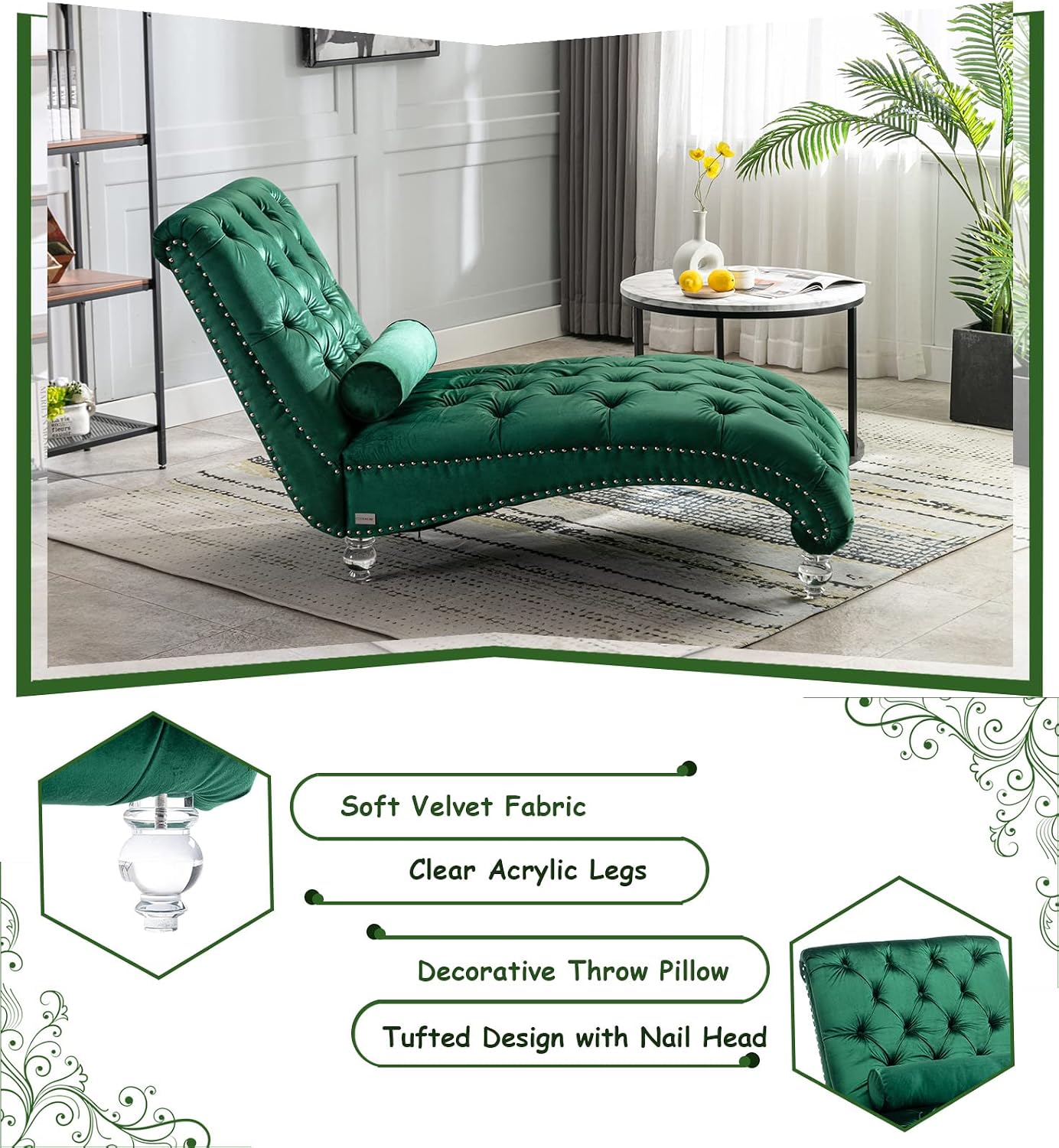 Velvet Chaise Lounge Chair with Toss Pillow, Modern Tufted Button Lounge Chair with Acrylic Legs, Upholstered Indoor Sleeper Chair for Living Room, Bedroom, Emerald Green