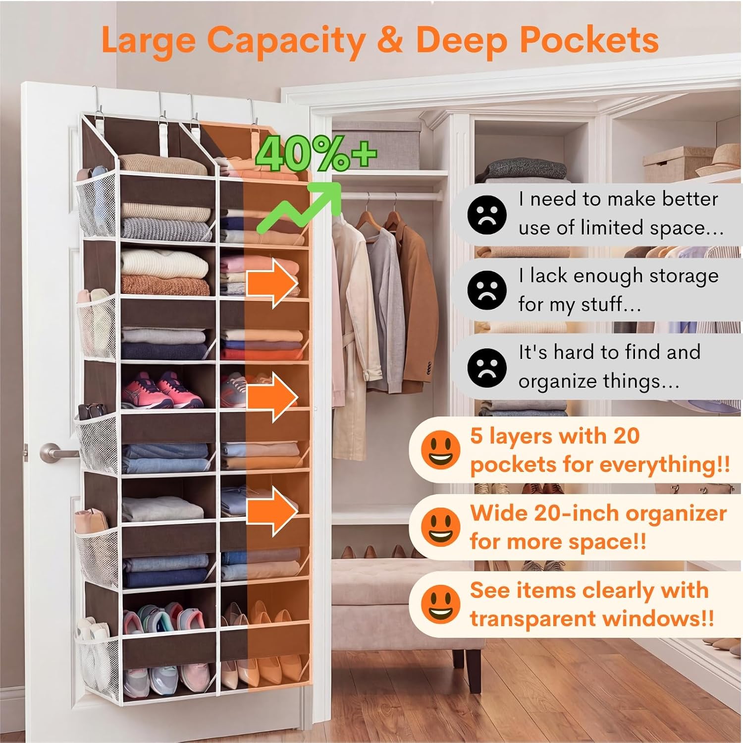 Over the Door Organizer 5 Tiers, Extra Large Behind Door Storage of 10 Compartments, 80 lbs Weight Capacity Over Door Organizer, Door Hanging Organizer for Closet, Diaper Organizer (Brown)
